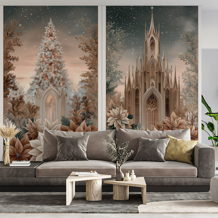 Gothic Cathedral Poinsettia Triptych Mural Wallpaper | Sepia and Cream Palette, Elegant Christmas Art