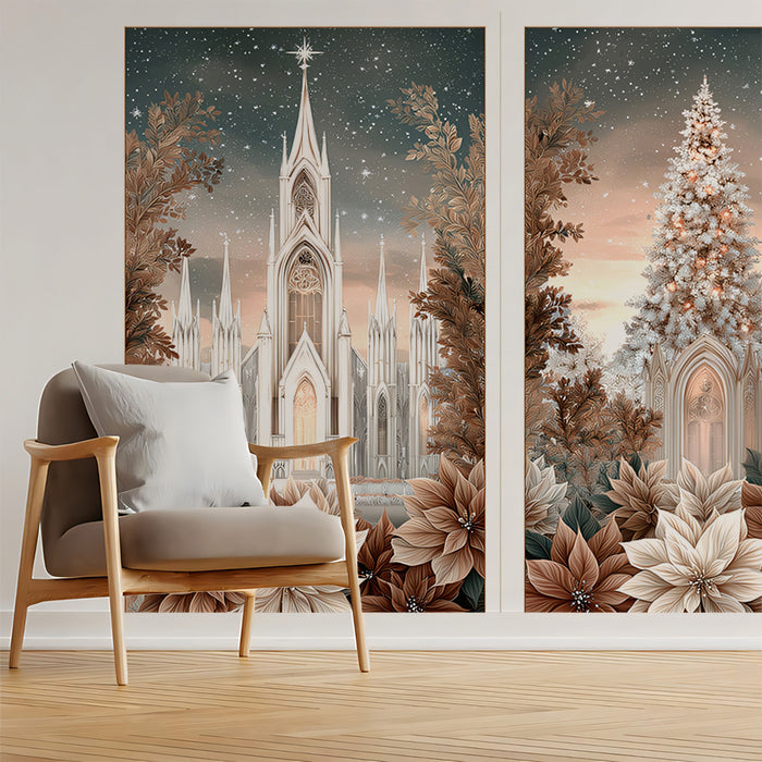 Gothic Cathedral Poinsettia Triptych Mural Wallpaper | Sepia and Cream Palette, Elegant Christmas Art