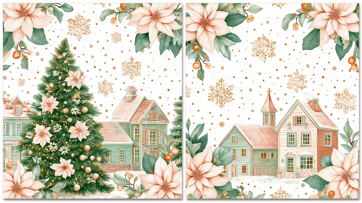 Dual Panel Pastel Village Mural Wallpaper | Soft Poinsettias, Mint Green and Peach Tones, Elegant Illustration
