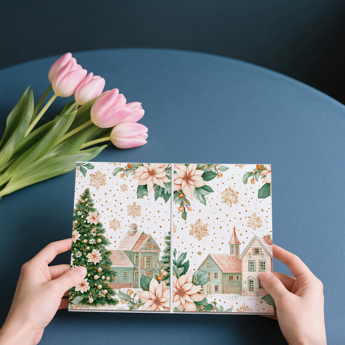 Dual Panel Pastel Village Mural Wallpaper | Soft Poinsettias, Mint Green and Peach Tones, Elegant Illustration