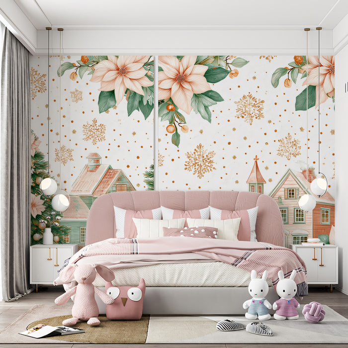 Dual Panel Pastel Village Mural Wallpaper | Soft Poinsettias, Mint Green and Peach Tones, Elegant Illustration