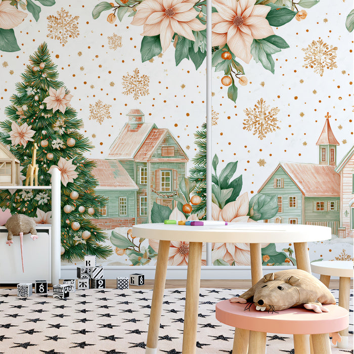 Dual Panel Pastel Village Mural Wallpaper | Soft Poinsettias, Mint Green and Peach Tones, Elegant Illustration