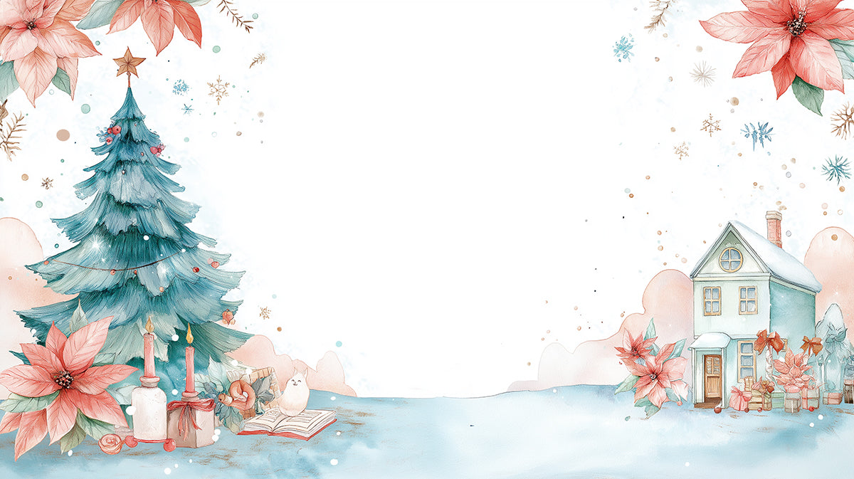 Poinsettia and Teal Tree Corner Mural Wallpaper | Clean White Space, Watercolor Vignette, Light Focus