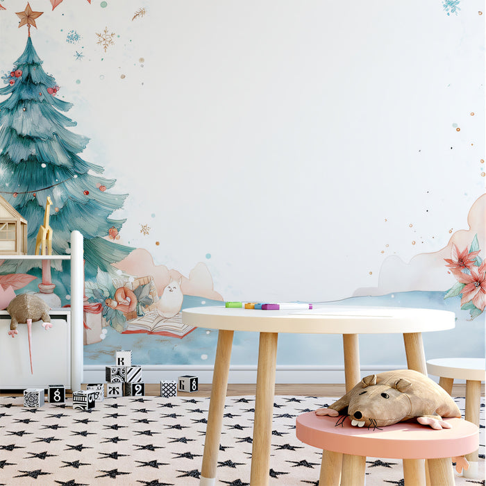 Poinsettia and Teal Tree Corner Mural Wallpaper | Clean White Space, Watercolor Vignette, Light Focus