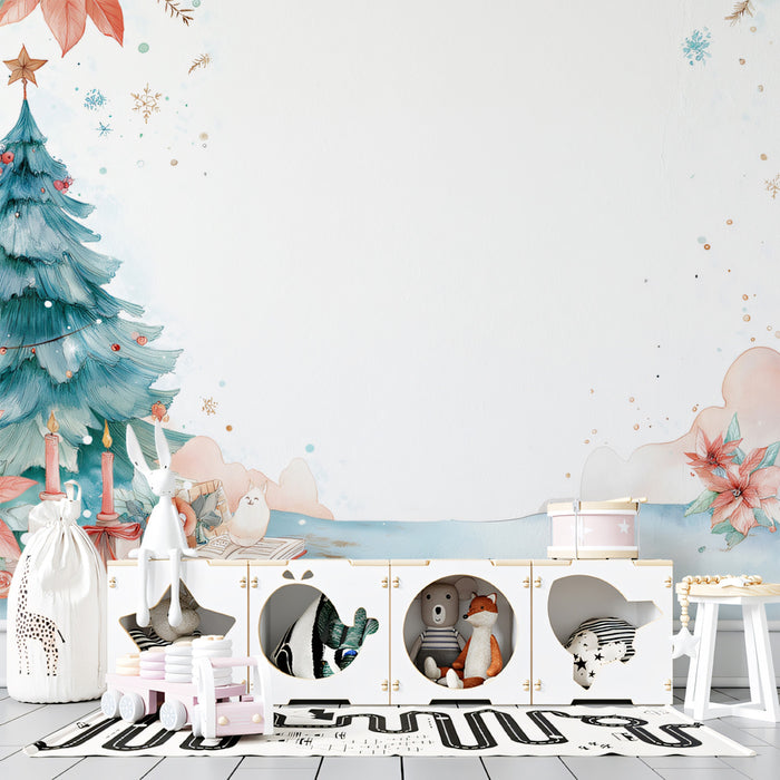 Poinsettia and Teal Tree Corner Mural Wallpaper | Clean White Space, Watercolor Vignette, Light Focus