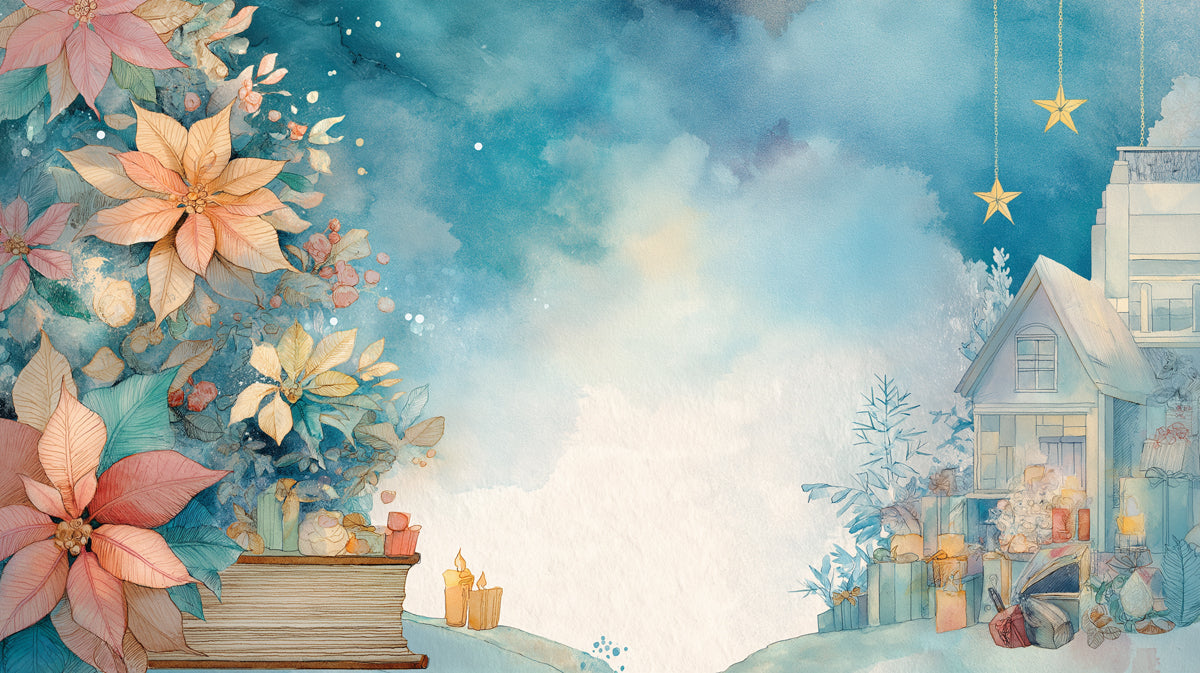 Books and Blue Sky Christmas Watercolor Mural Wallpaper | Soft Poinsettias, Ethereal Background, Cozy Scene