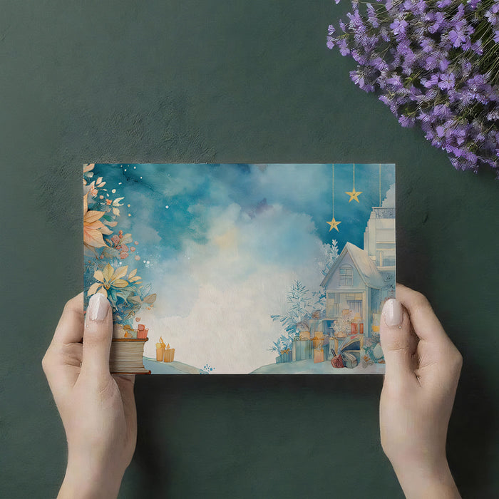 Books and Blue Sky Christmas Watercolor Mural Wallpaper | Soft Poinsettias, Ethereal Background, Cozy Scene