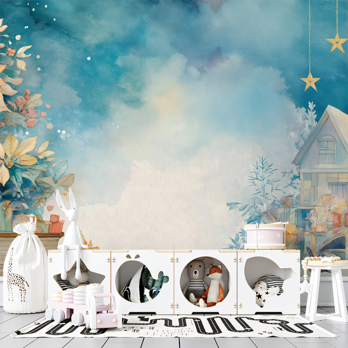 Books and Blue Sky Christmas Watercolor Mural Wallpaper | Soft Poinsettias, Ethereal Background, Cozy Scene