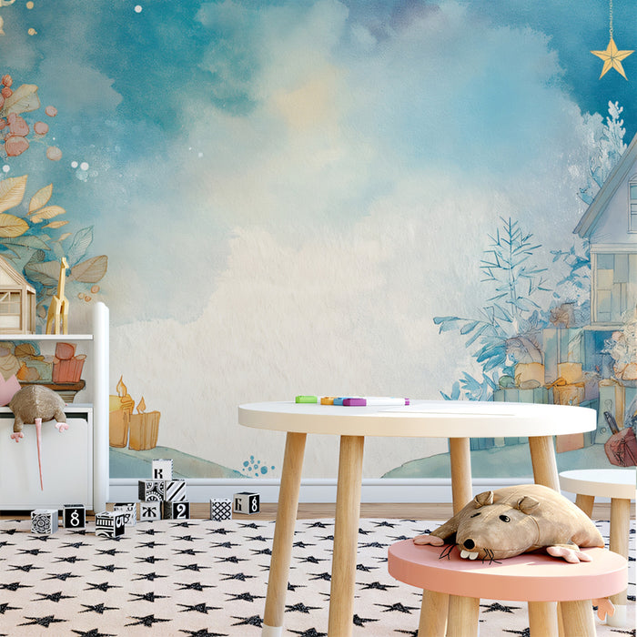 Books and Blue Sky Christmas Watercolor Mural Wallpaper | Soft Poinsettias, Ethereal Background, Cozy Scene