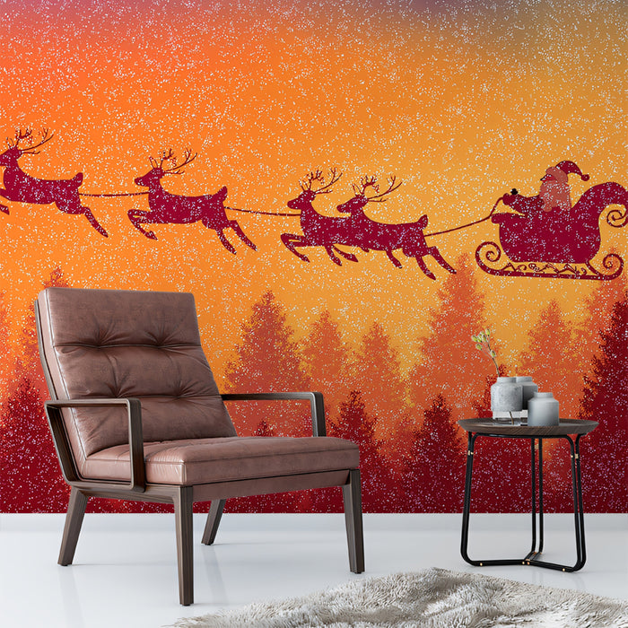 Abstract Sunset Sleigh Ride Mural Wallpaper | Orange and Purple Gradient, Silhouette Art, High Contrast