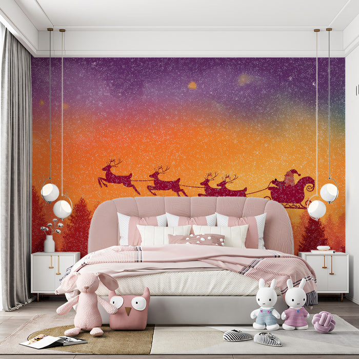 Abstract Sunset Sleigh Ride Mural Wallpaper | Orange and Purple Gradient, Silhouette Art, High Contrast