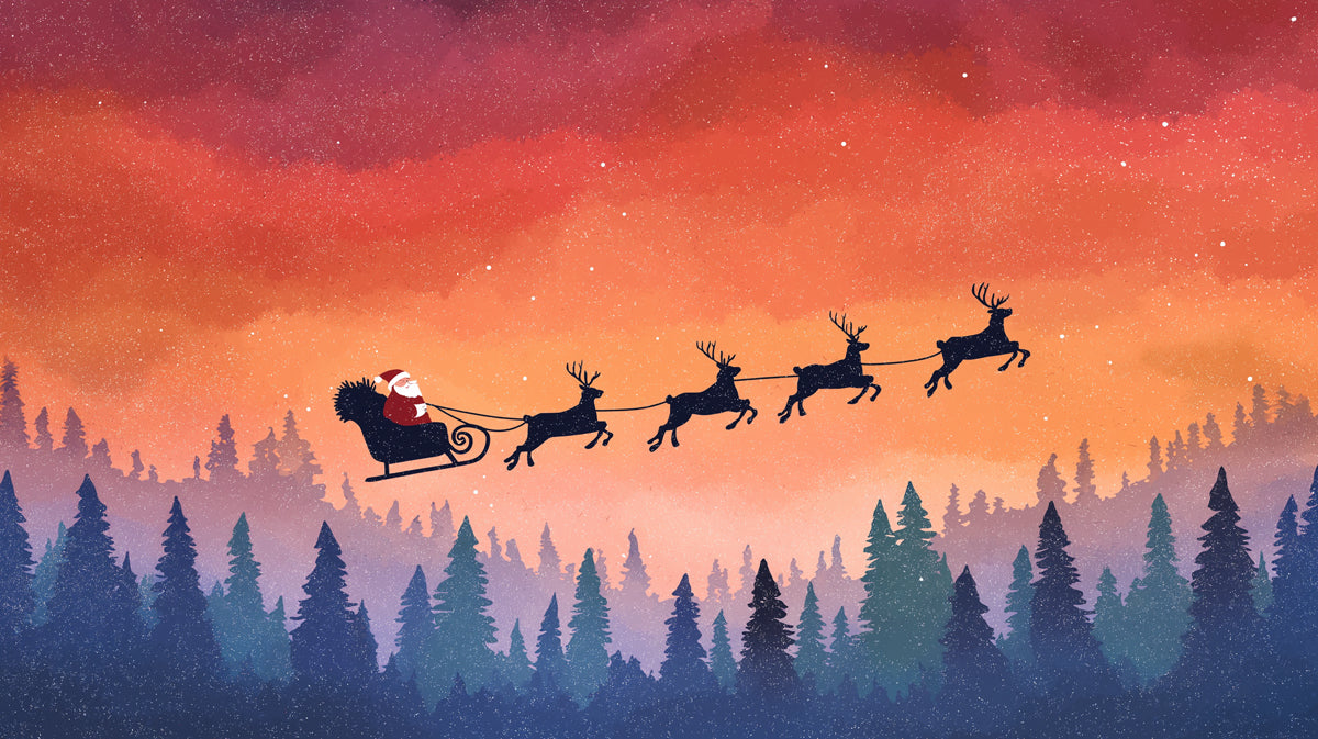 Arctic Twilight Sleigh Ride Mural Wallpaper | Warm Orange Sky, Blue Forest Silhouettes, Serene