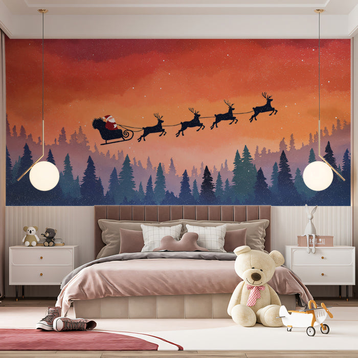 Arctic Twilight Sleigh Ride Mural Wallpaper | Warm Orange Sky, Blue Forest Silhouettes, Serene