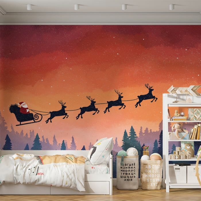 Arctic Twilight Sleigh Ride Mural Wallpaper | Warm Orange Sky, Blue Forest Silhouettes, Serene