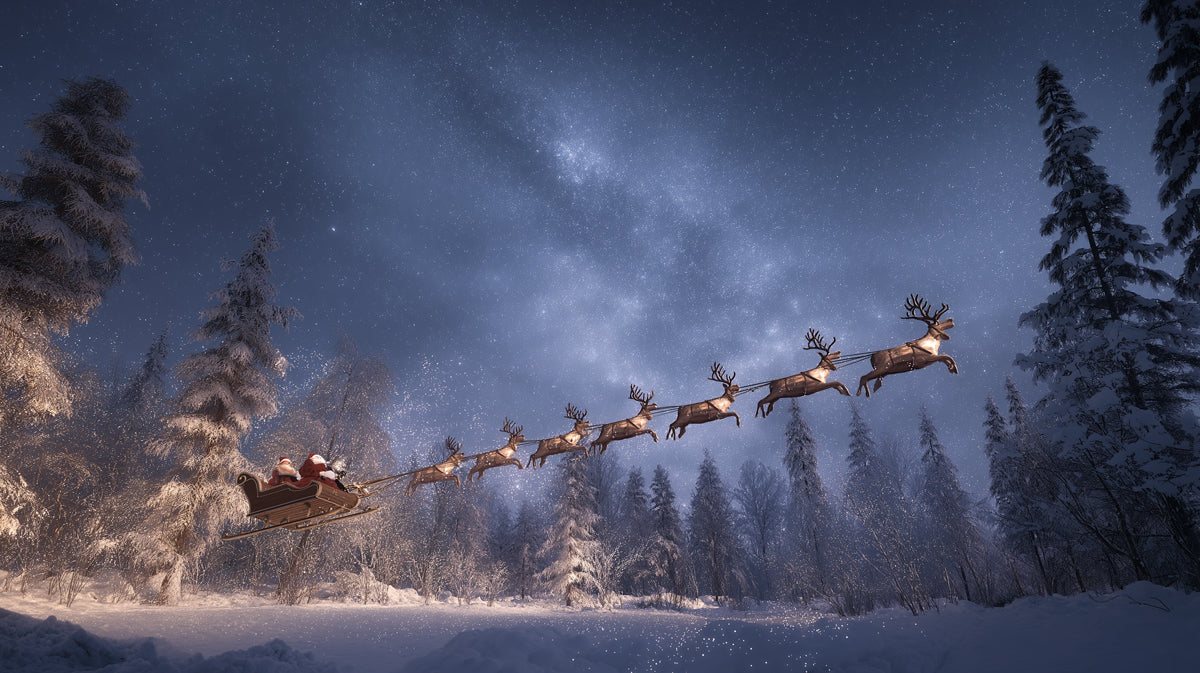 Hyper-Realistic Night Sleigh Ride Mural Wallpaper | Starry Night Sky, Snow-Covered Forest, Cinematic