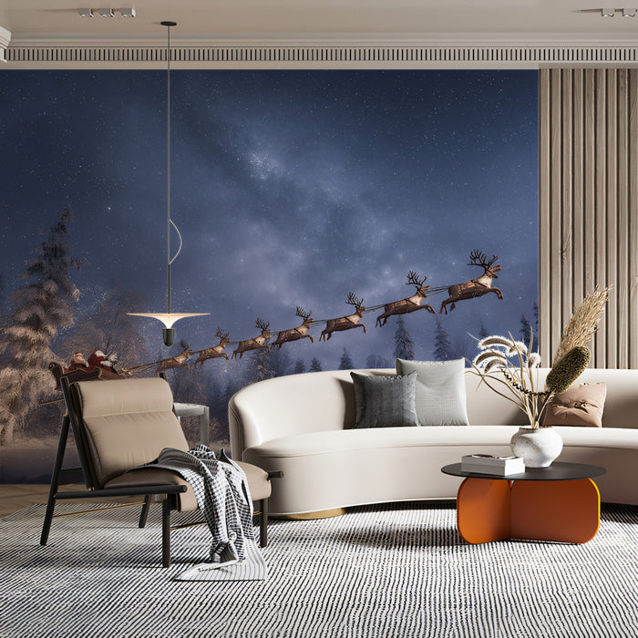 Hyper-Realistic Night Sleigh Ride Mural Wallpaper | Starry Night Sky, Snow-Covered Forest, Cinematic