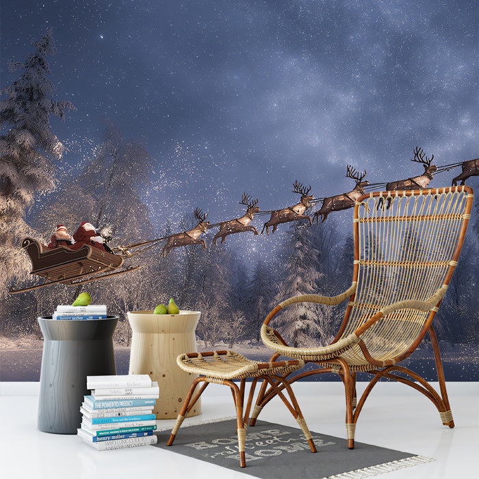 Hyper-Realistic Night Sleigh Ride Mural Wallpaper | Starry Night Sky, Snow-Covered Forest, Cinematic