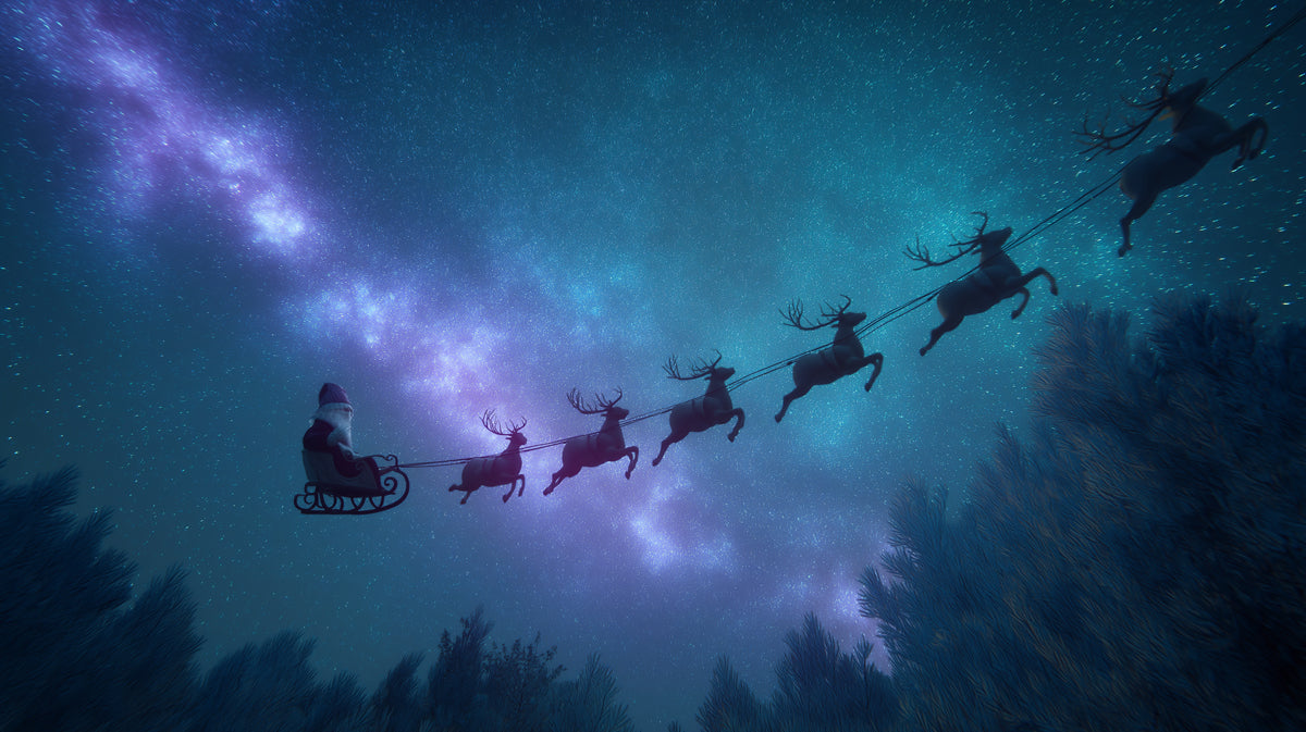 Milky Way Sleigh Ride Mural Wallpaper | Teal and Purple Nebula, Dramatic Silhouette, Cosmic Christmas