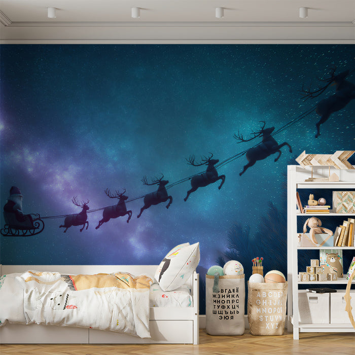 Milky Way Sleigh Ride Mural Wallpaper | Teal and Purple Nebula, Dramatic Silhouette, Cosmic Christmas