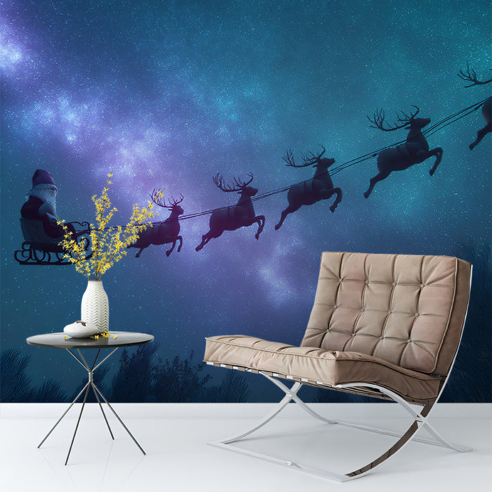 Milky Way Sleigh Ride Mural Wallpaper | Teal and Purple Nebula, Dramatic Silhouette, Cosmic Christmas