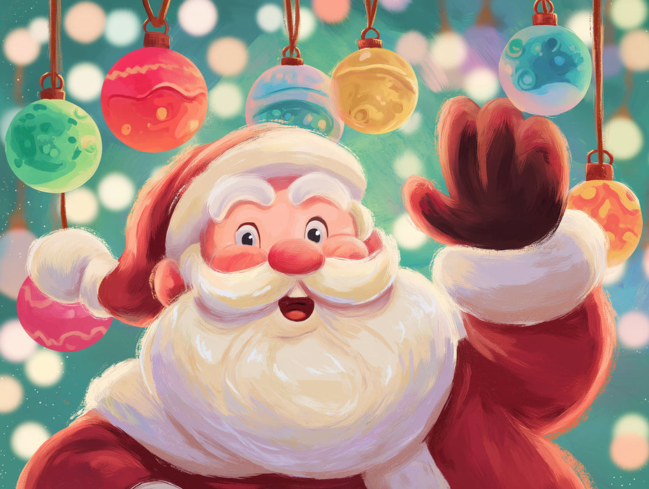 Close-Up Cartoon Santa Portrait Mural Wallpaper | Cheerful Expression, Bokeh Lights, Playful Art