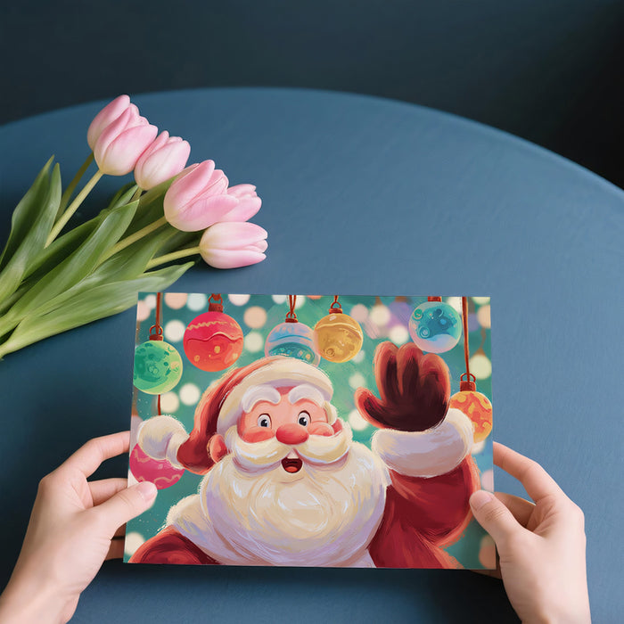 Close-Up Cartoon Santa Portrait Mural Wallpaper | Cheerful Expression, Bokeh Lights, Playful Art