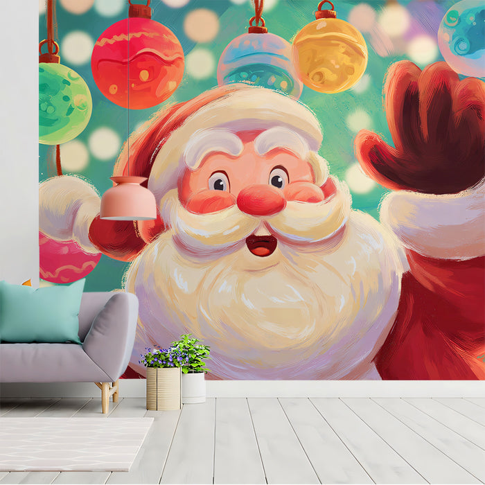 Close-Up Cartoon Santa Portrait Mural Wallpaper | Cheerful Expression, Bokeh Lights, Playful Art