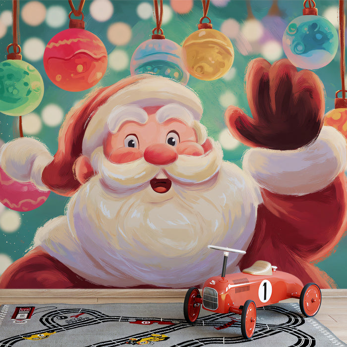 Close-Up Cartoon Santa Portrait Mural Wallpaper | Cheerful Expression, Bokeh Lights, Playful Art