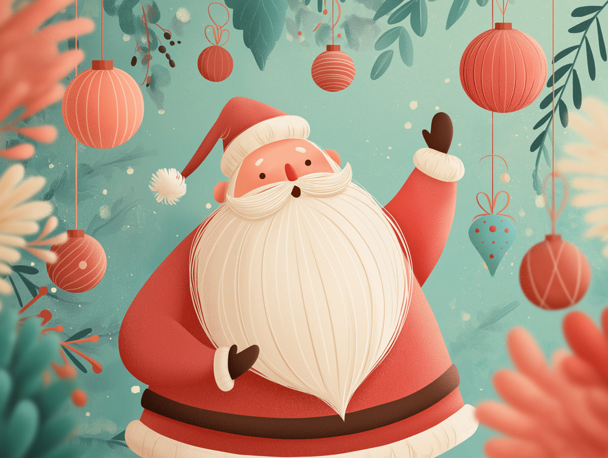 Soft-Focus Santa Portrait Mural Wallpaper | Pastel Teal Background, Illustrative Style, Cozy