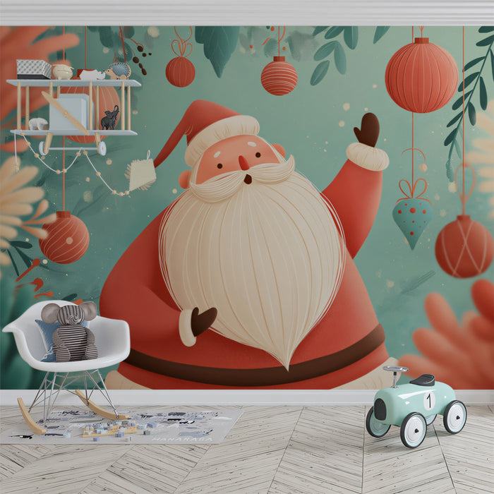 Soft-Focus Santa Portrait Mural Wallpaper | Pastel Teal Background, Illustrative Style, Cozy