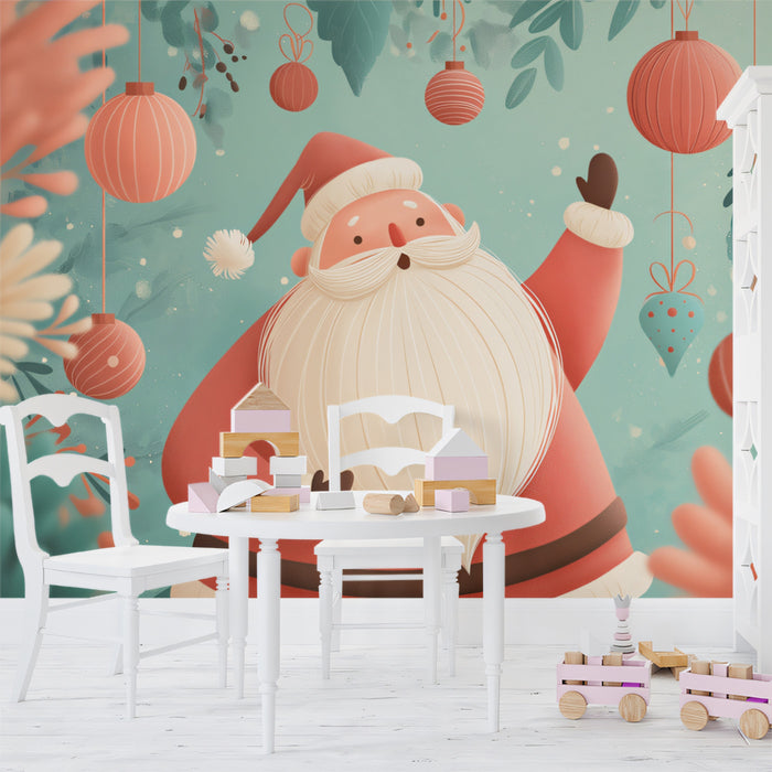 Soft-Focus Santa Portrait Mural Wallpaper | Pastel Teal Background, Illustrative Style, Cozy