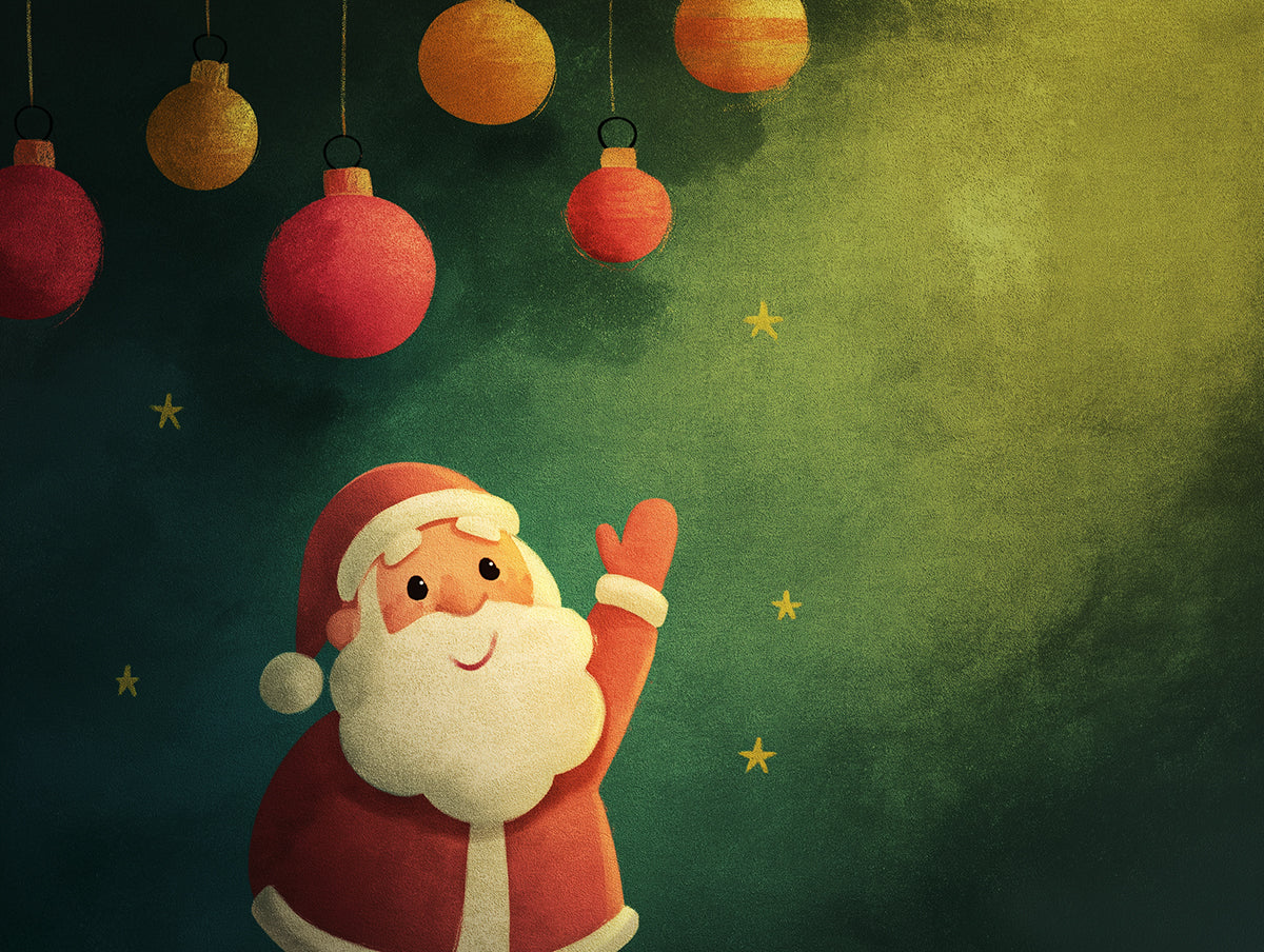 Textured Santa Vignette Mural Wallpaper | Dark Green/Gold Background, Simple Character Art, Warm Glow
