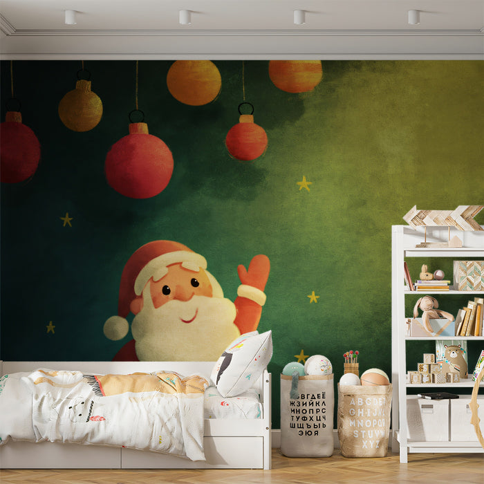 Textured Santa Vignette Mural Wallpaper | Dark Green/Gold Background, Simple Character Art, Warm Glow