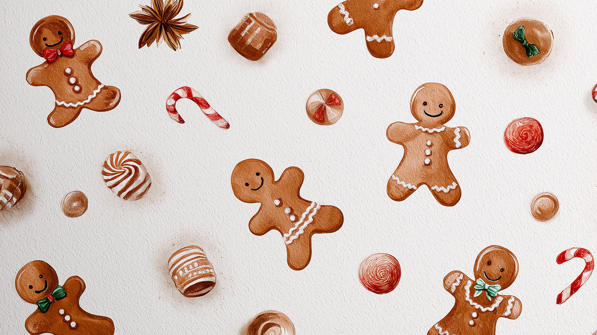 Watercolor Gingerbread and Candy Scatter Wallpaper | Food Illustration, Loose Pattern, White Background