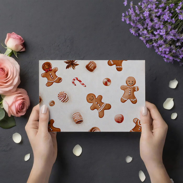 Watercolor Gingerbread and Candy Scatter Wallpaper | Food Illustration, Loose Pattern, White Background