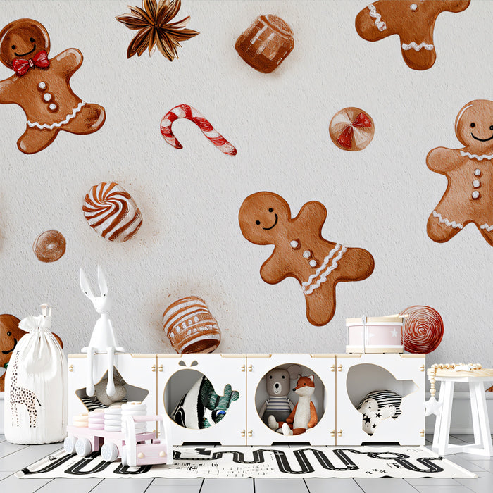 Watercolor Gingerbread and Candy Scatter Wallpaper | Food Illustration, Loose Pattern, White Background