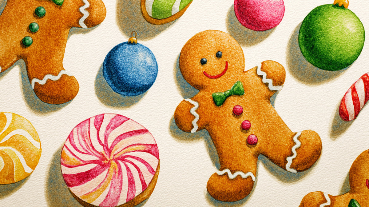Close-Up Gingerbread and Ornament Illustration Mural | Textured Watercolor, High Detail, Festive Treats