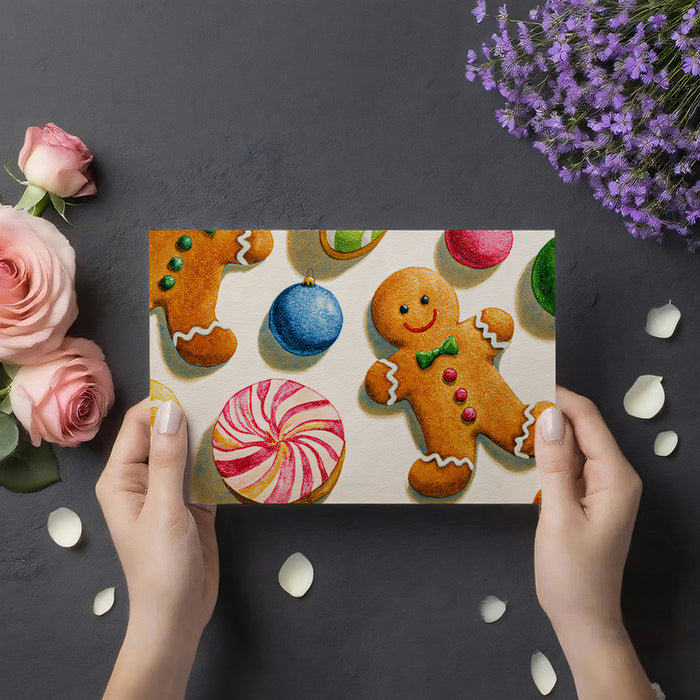 Close-Up Gingerbread and Ornament Illustration Mural | Textured Watercolor, High Detail, Festive Treats