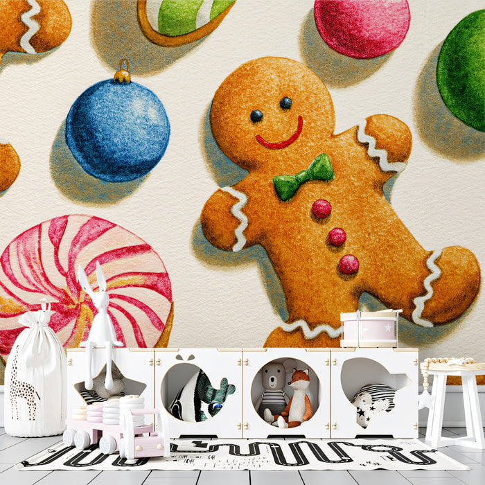 Close-Up Gingerbread and Ornament Illustration Mural | Textured Watercolor, High Detail, Festive Treats