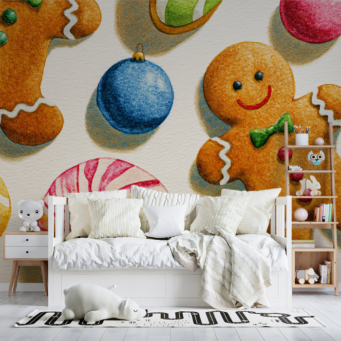 Close-Up Gingerbread and Ornament Illustration Mural | Textured Watercolor, High Detail, Festive Treats