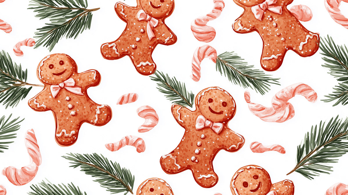 Floating Gingerbread and Pine Branch Pattern Wallpaper | Watercolor Illustration, White Background, Playful