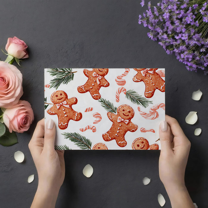 Floating Gingerbread and Pine Branch Pattern Wallpaper | Watercolor Illustration, White Background, Playful