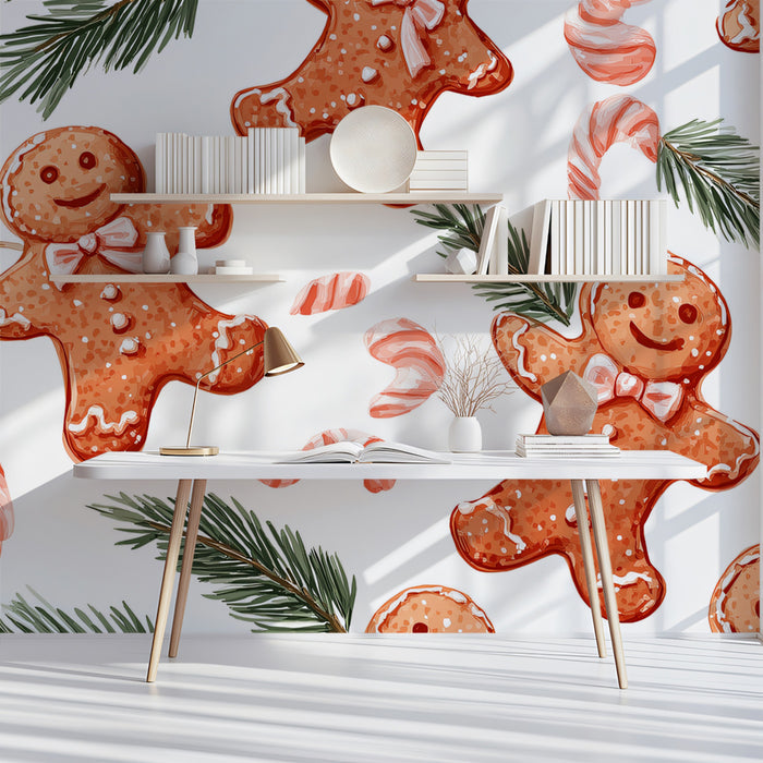 Floating Gingerbread and Pine Branch Pattern Wallpaper | Watercolor Illustration, White Background, Playful