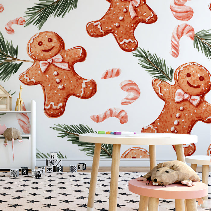 Floating Gingerbread and Pine Branch Pattern Wallpaper | Watercolor Illustration, White Background, Playful