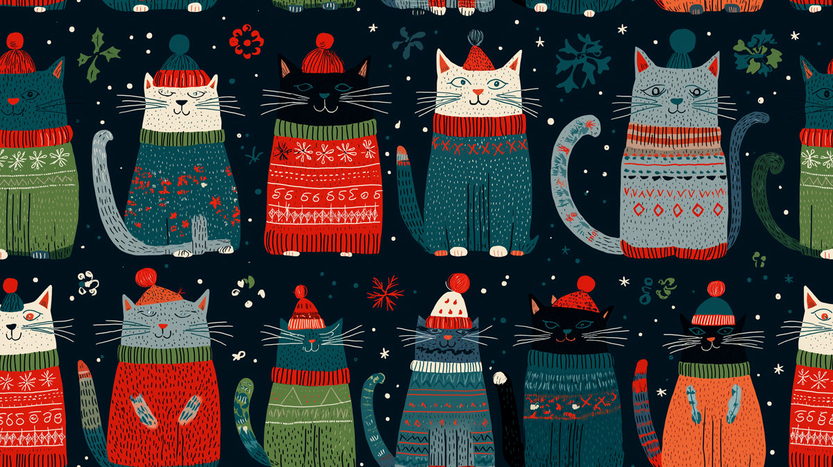 Ugly Christmas Sweater Cats Mural Wallpaper | Dark Palette, Folk Art Pattern, Whimsical