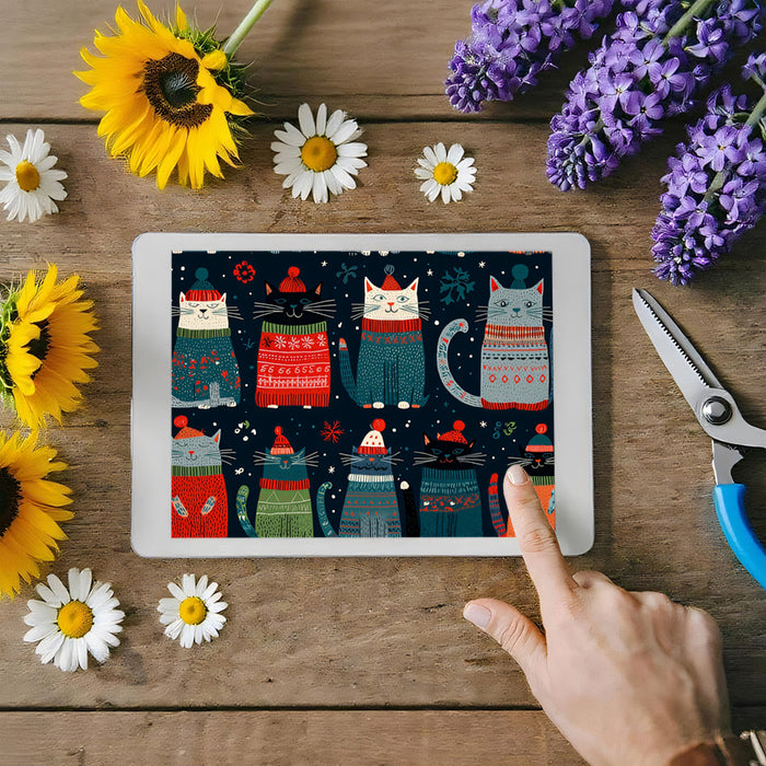 Ugly Christmas Sweater Cats Mural Wallpaper | Dark Palette, Folk Art Pattern, Whimsical