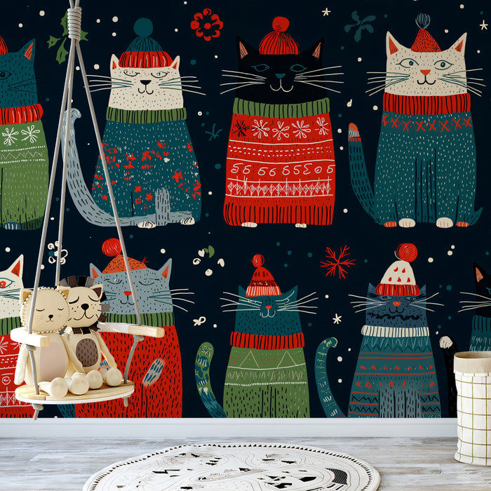 Ugly Christmas Sweater Cats Mural Wallpaper | Dark Palette, Folk Art Pattern, Whimsical