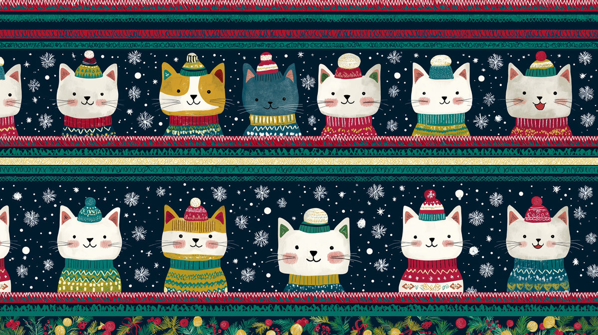 Patterned Christmas Cat Head Mural Wallpaper | Striped Repeat, Folk Style, Traditional Colors