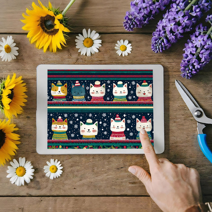 Patterned Christmas Cat Head Mural Wallpaper | Striped Repeat, Folk Style, Traditional Colors