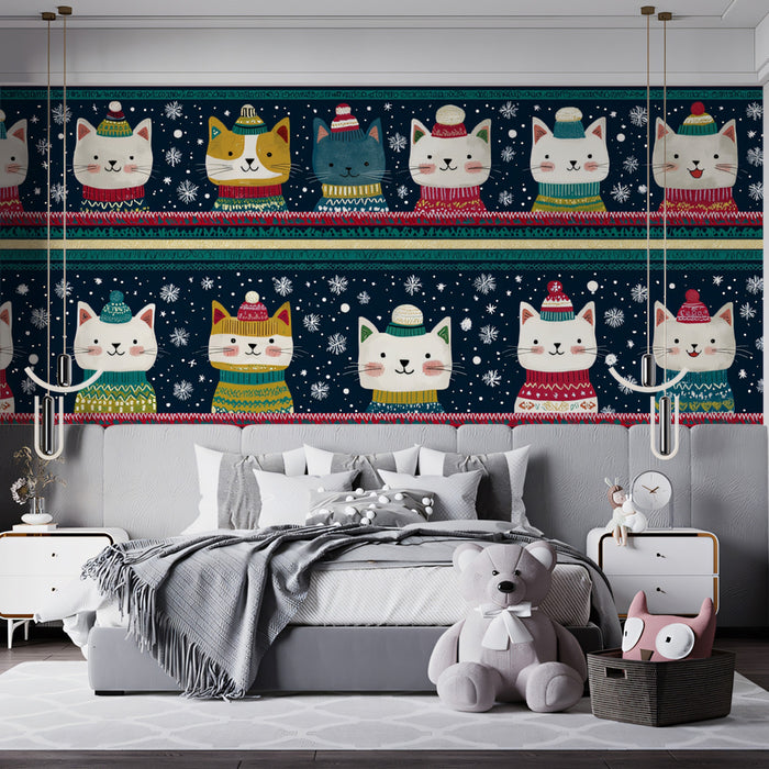 Patterned Christmas Cat Head Mural Wallpaper | Striped Repeat, Folk Style, Traditional Colors